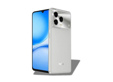 Helio 22 in Space Ash color showing its side profile, rear cameras, and bright full display.