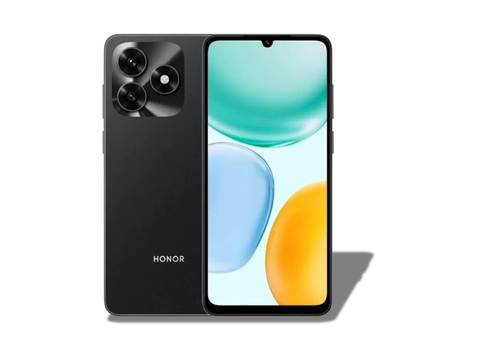 Honor X5c in Midnight Black displaying its triple rear camera layout and a colorful home screen.
