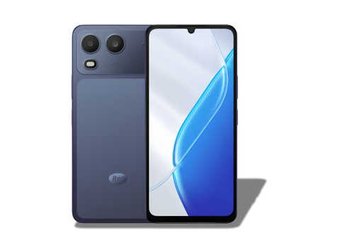 Slim body itel A200 Plus in Nightly Blue color showcasing its modern dual-ring camera module.