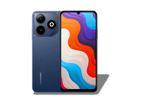 Symphony Max 60 official color variant in Classic Navy Blue showing the front and back of the phone.