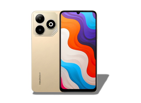 Symphony Max 60 official color variant in Divine Gold showing the front and back of the phone.