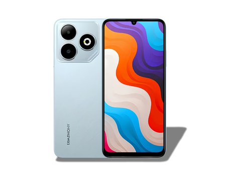 Symphony Max 60 official color variant in Frost Blue showing the front and back of the phone.
