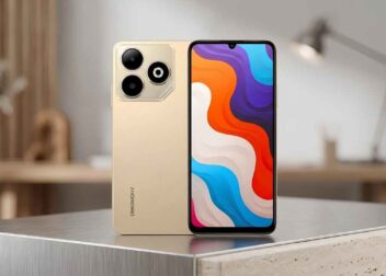Symphony Max 60 budget smartphone in gold color showcasing its front screen and back panel.