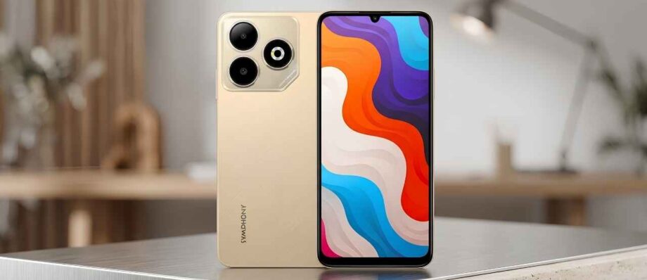 Symphony Max 60 budget smartphone in gold color showcasing its front screen and back panel.