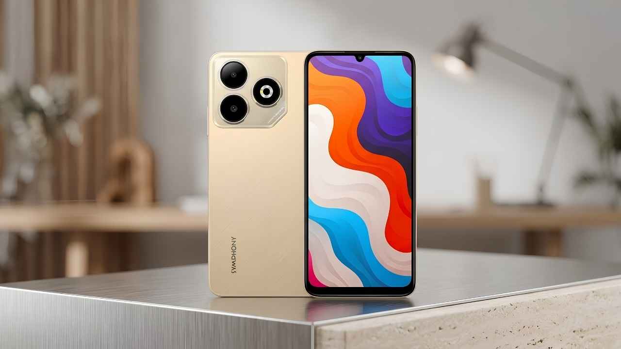 Symphony Max 60 budget smartphone in gold color showcasing its front screen and back panel.