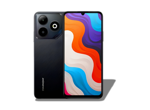 Symphony Max 60 official color variant in Space Black showing the front and back of the phone.