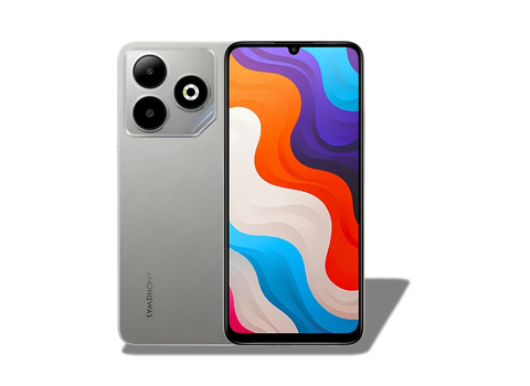 Symphony Max 60 official color variant in Titanium Gray showing the front and back of the phone.
