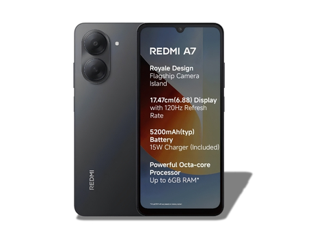 Xiaomi Redmi A7 Black phone showing its official retail screen protector printed with key specifications.